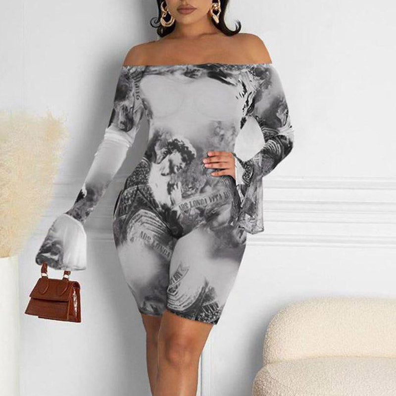 Print Off Shoulder Flared Sleeve Mesh Romper