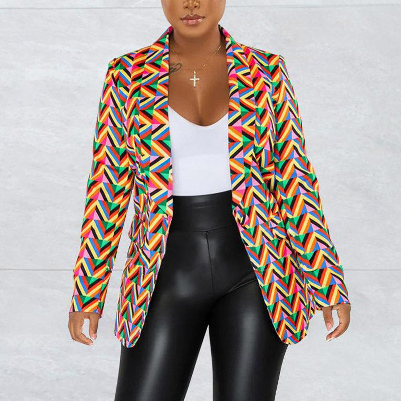 Colorful Print Long Sleeve V-Neck Blazer Coat