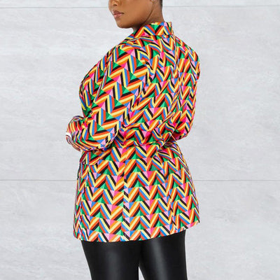 Colorful Print Long Sleeve V-Neck Blazer Coat