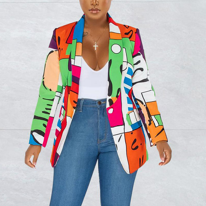 Colorful Print Long Sleeve V-Neck Blazer Coat