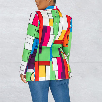 Colorful Print Long Sleeve V-Neck Blazer Coat