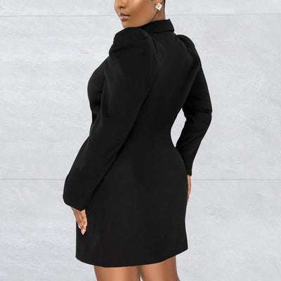 Solid Puff Sleeve V-Neck Blazer Dress