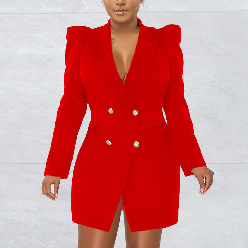 Solid Puff Sleeve V-Neck Blazer Dress