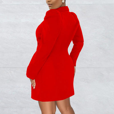 Solid Puff Sleeve V-Neck Blazer Dress