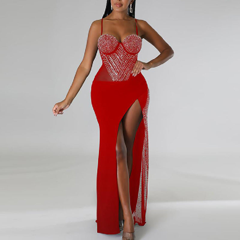 Rhinestone Sheer Mesh Patchwork High Slit Maxi Dress