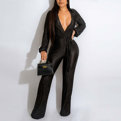 Solid Deep V-Neck Long Sleeve Belted Jumpsuit