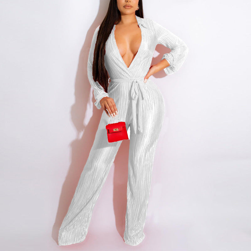 Solid Deep V-Neck Long Sleeve Belted Jumpsuit