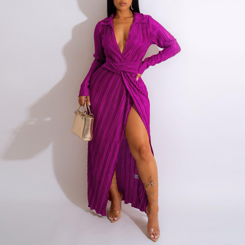 Solid Long Sleeve Deep V-Neck High Slit Pleated Maxi Dress