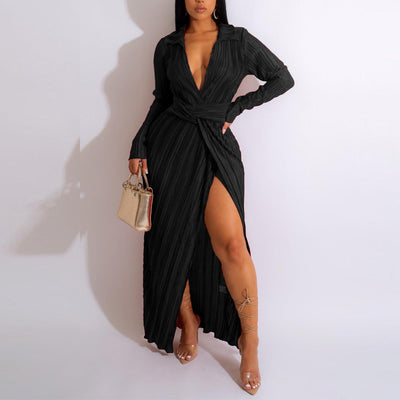 Solid Long Sleeve Deep V-Neck High Slit Pleated Maxi Dress