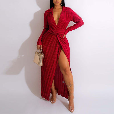 Solid Long Sleeve Deep V-Neck High Slit Pleated Maxi Dress