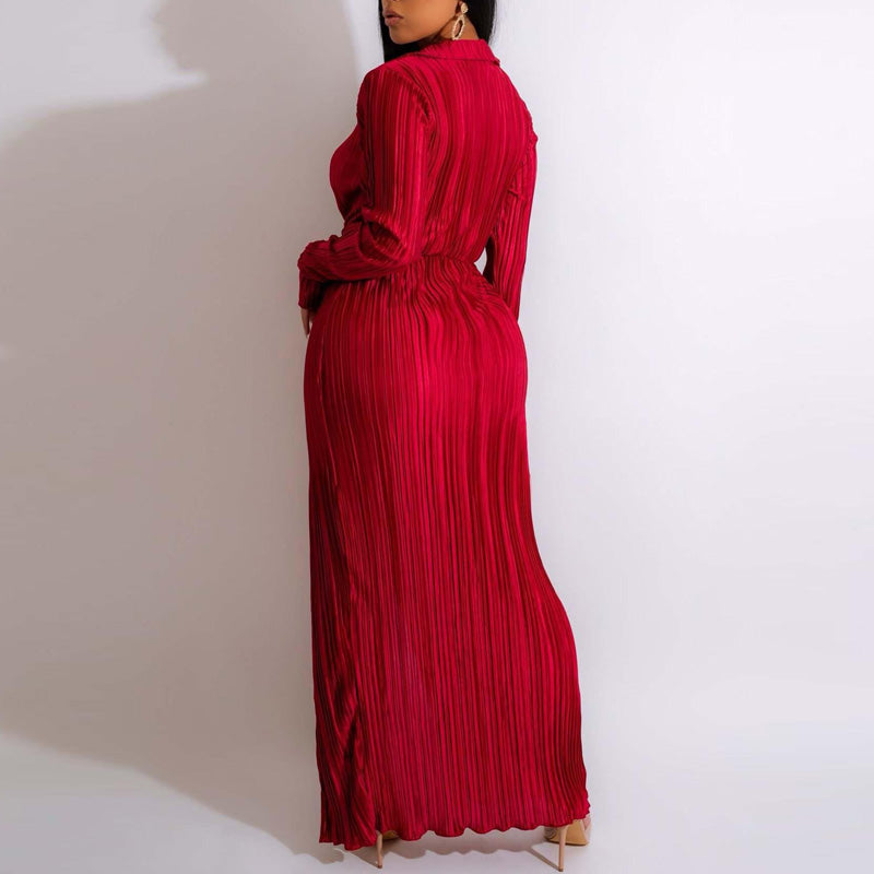 Solid Long Sleeve Deep V-Neck High Slit Pleated Maxi Dress