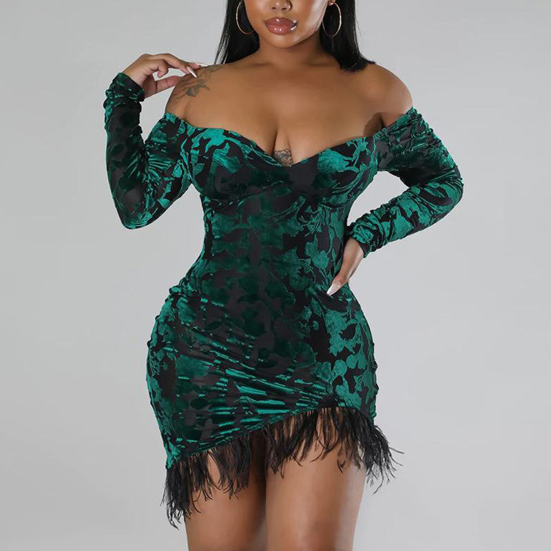 Solid Off Shoulder Long Sleeve Feather Design Bodycon Dress