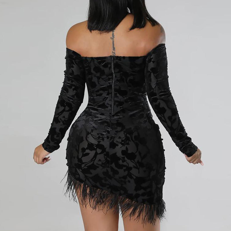 Solid Off Shoulder Long Sleeve Feather Design Bodycon Dress