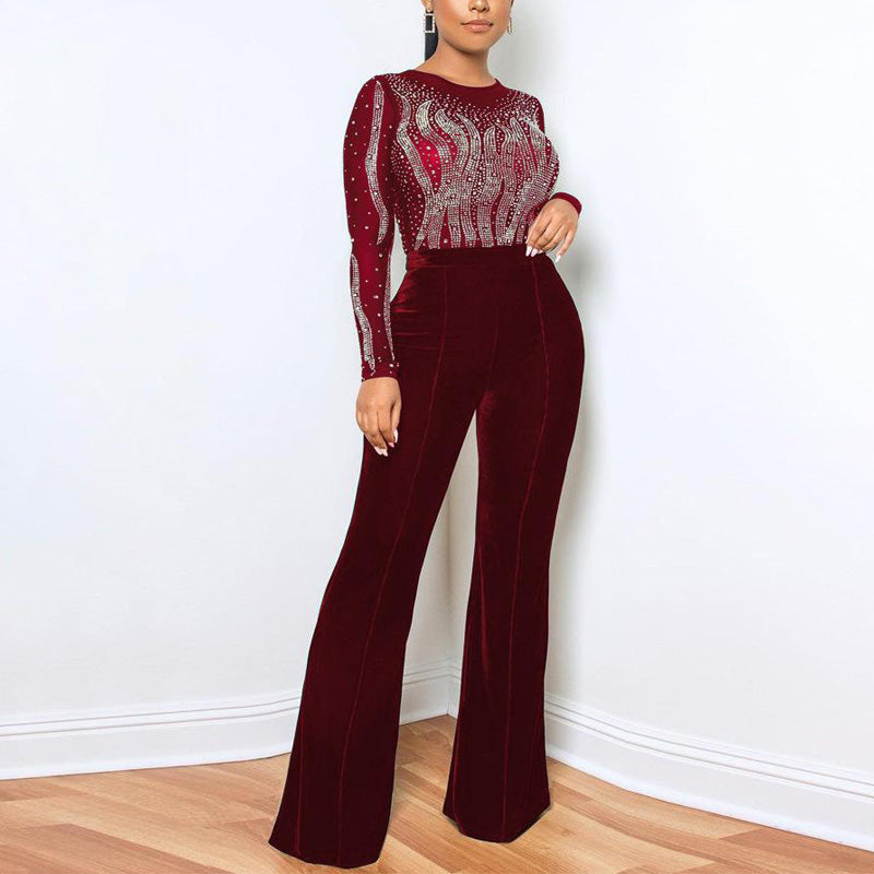 Rhinestone Long Sleeve Sheer Mesh Patchwork Velvet Jumpsuit