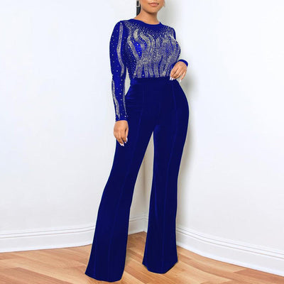 Rhinestone Long Sleeve Sheer Mesh Patchwork Velvet Jumpsuit