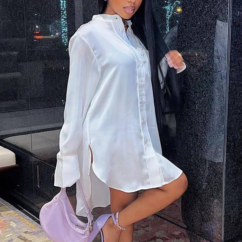 Solid Long Sleeve Side Slit Shirt Dress