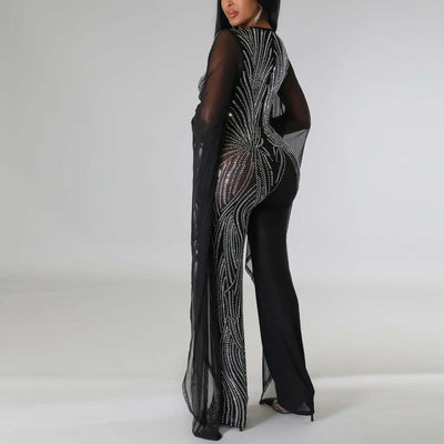 Rhinestone Batswing Sleeve Sheer Mesh Jumpsuit