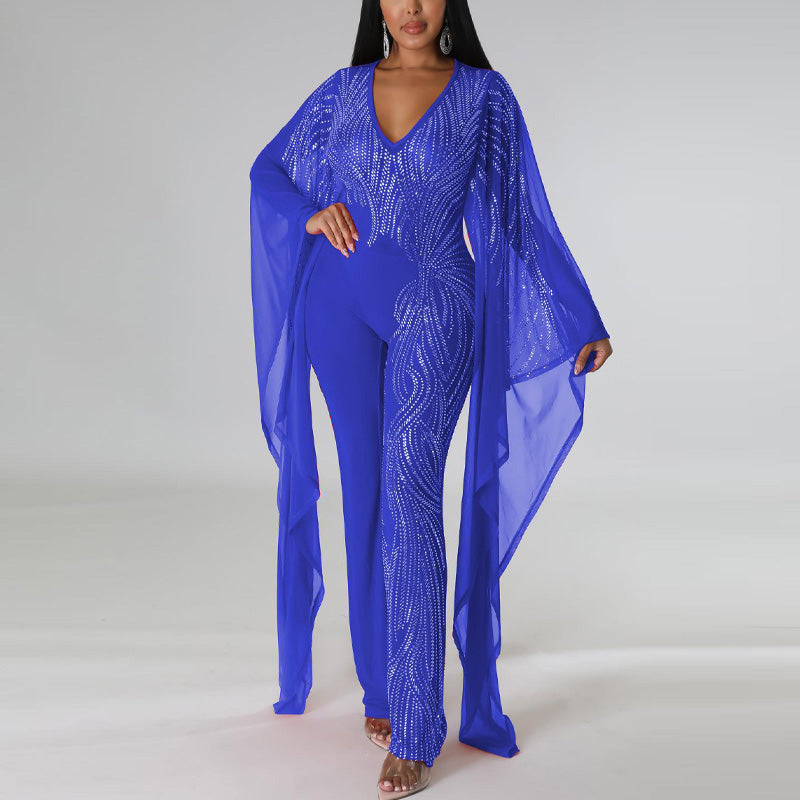 Rhinestone Batswing Sleeve Sheer Mesh Jumpsuit