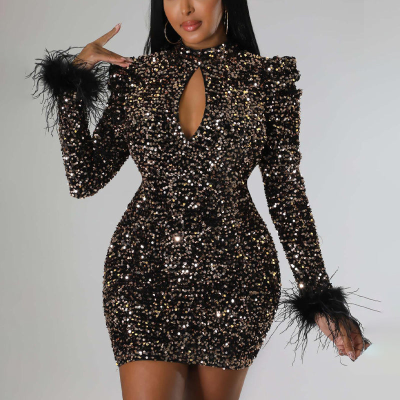 Sequins Feather Design Long Sleeve Backless Bodycon Dress