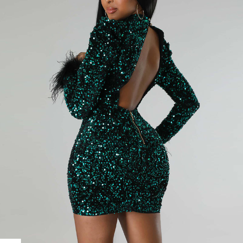 Sequins Feather Design Long Sleeve Backless Bodycon Dress