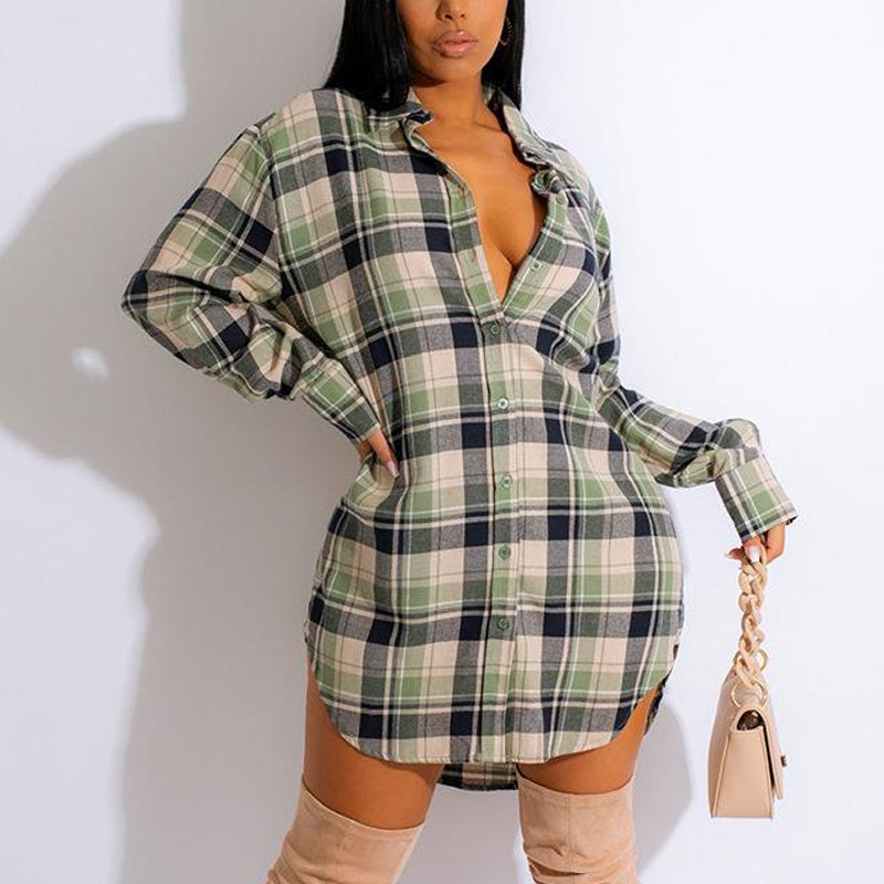 Plaid Pattern Long Sleeve Slit Shirt Dress