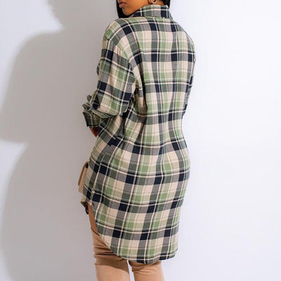 Plaid Pattern Long Sleeve Slit Shirt Dress