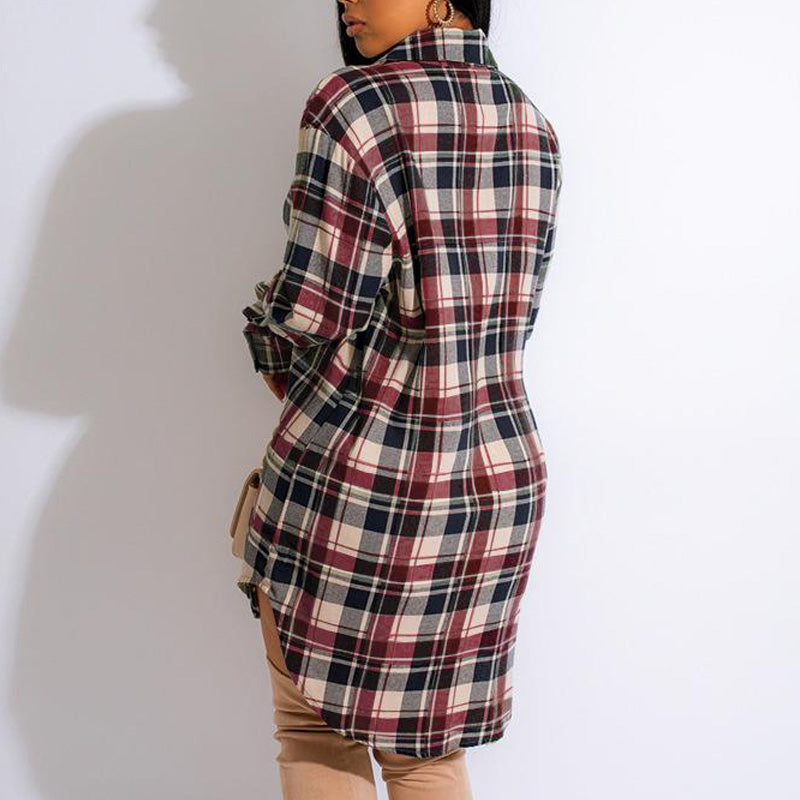 Plaid Pattern Long Sleeve Slit Shirt Dress