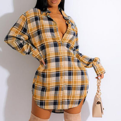 Plaid Pattern Long Sleeve Slit Shirt Dress