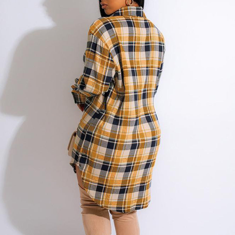 Plaid Pattern Long Sleeve Slit Shirt Dress