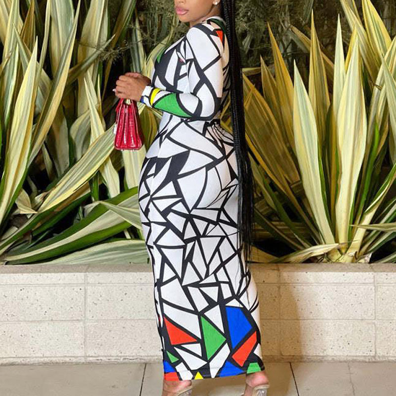 Print Long Sleeve Crew Neck Maxi Dress