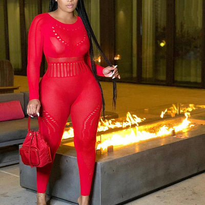 Solid Long Sleeve Hollow Out See Through Jumpsuit