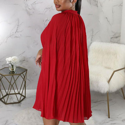 Solid Slit Pleated Cape Mini Dress