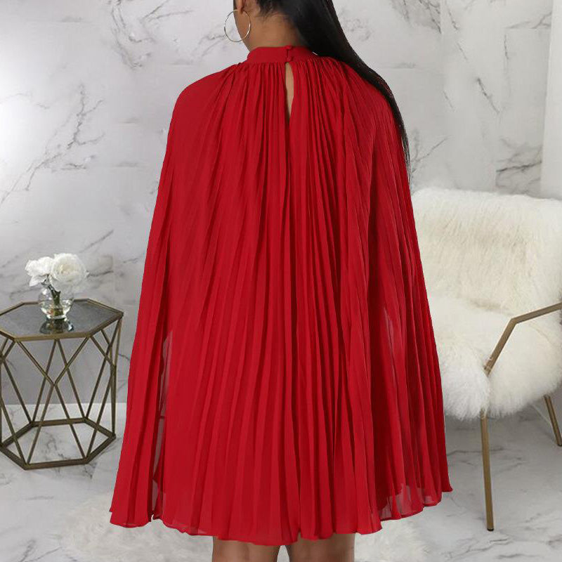 Solid Slit Pleated Cape Mini Dress