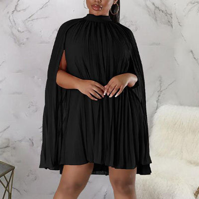 Solid Slit Pleated Cape Mini Dress