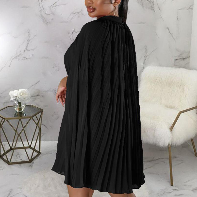 Solid Slit Pleated Cape Mini Dress