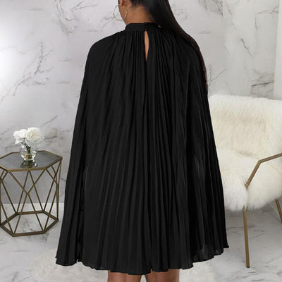 Solid Slit Pleated Cape Mini Dress