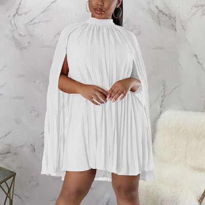 Solid Slit Pleated Cape Mini Dress