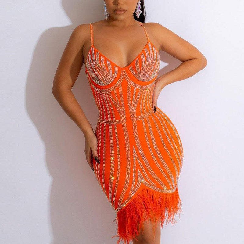 Rhinestone Feather Design Spaghetti Strap Party Dress