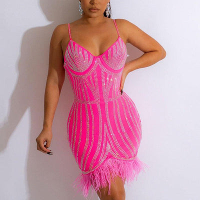 Rhinestone Feather Design Spaghetti Strap Party Dress