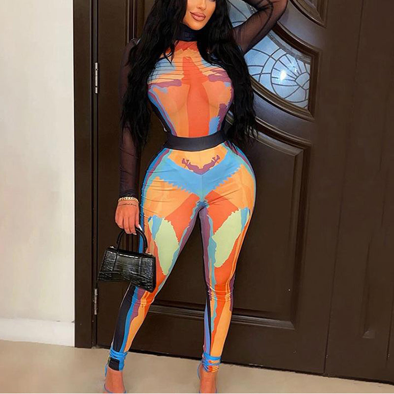 Colorful Print Sheer Mesh 2PCS Pants Set