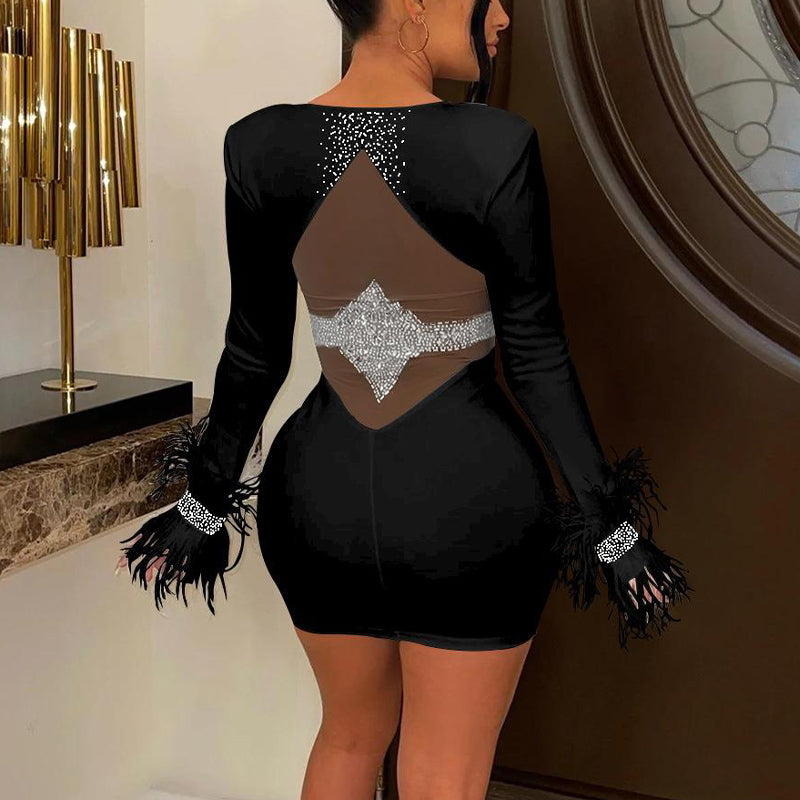 Rhinestone Long Sleeve Sheer Mesh Feather Design Bodycon Dress