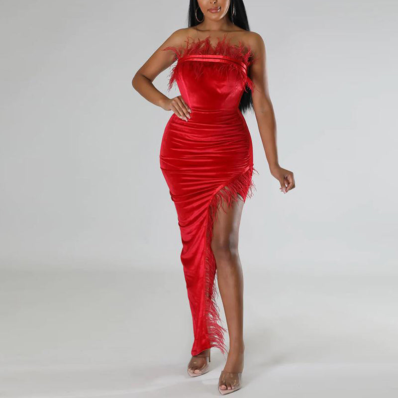 Solid Bandeau Feather Design High Slit Dress