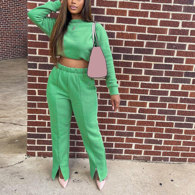 Casual Long Sleeve Crop Top & Slit Pants Set