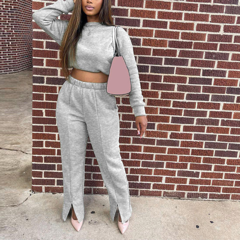 Casual Long Sleeve Crop Top & Slit Pants Set