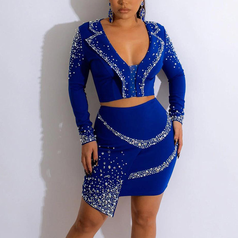 Rhinestone Deep V-Neck Lapel Top & Skirt Set