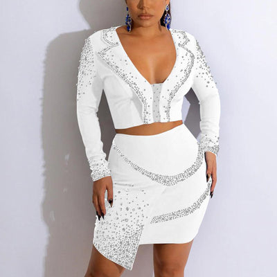 Rhinestone Deep V-Neck Lapel Top & Skirt Set