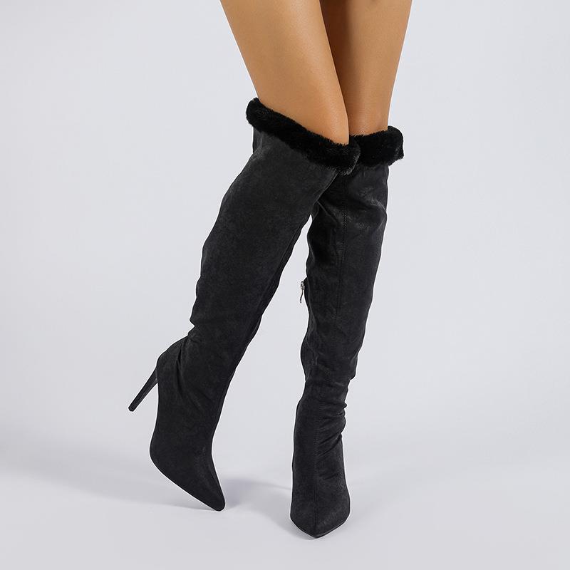 Pointed Toe Thin Heeled Fuzzy Boots