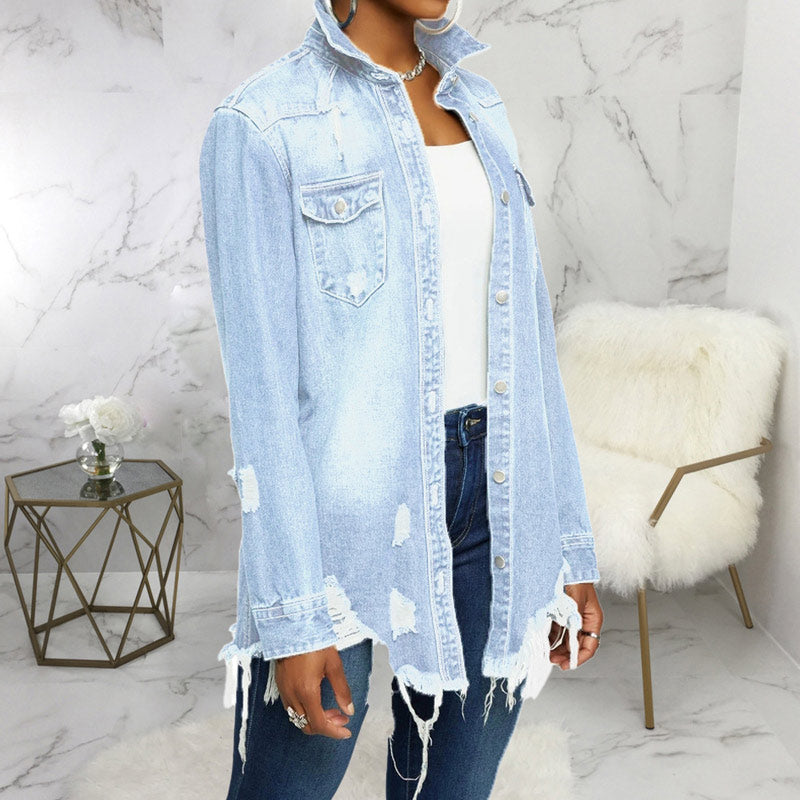 Denim Button Detail Fringe Hem Coat