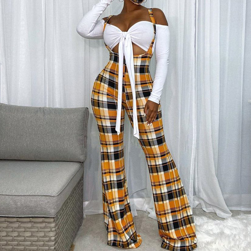 Plaid Wide Leg Crop Top & Jumpsuit Set