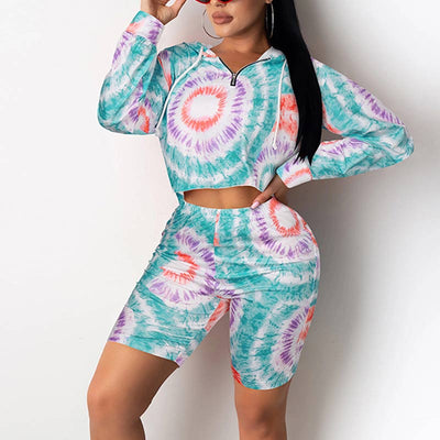 Tie Dye Print Hoodie Crop Top & Shorts Set